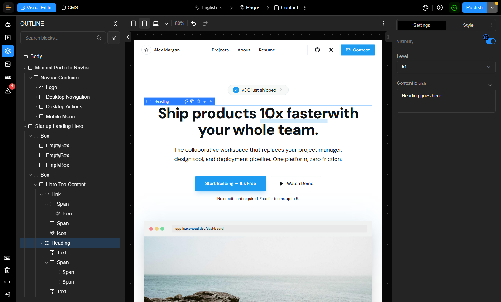 The ChaiBuilder visual editor canvas showing a custom React block placed on a page